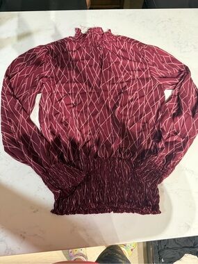 Women's Burgundy Smocked Hem Patterned Long-Sleeve Blouse